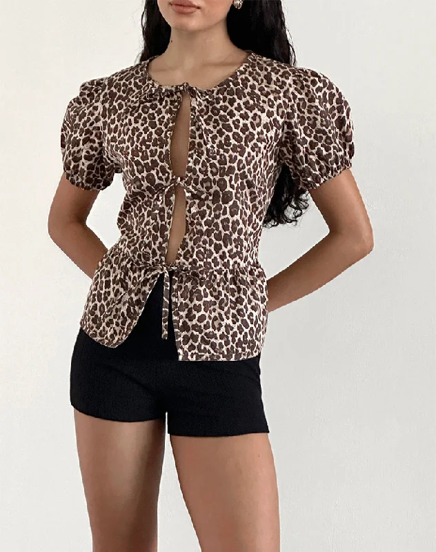 Ryota Tie Front Blouse in Leopard Sandstorm Asymmetric Hem Blouse