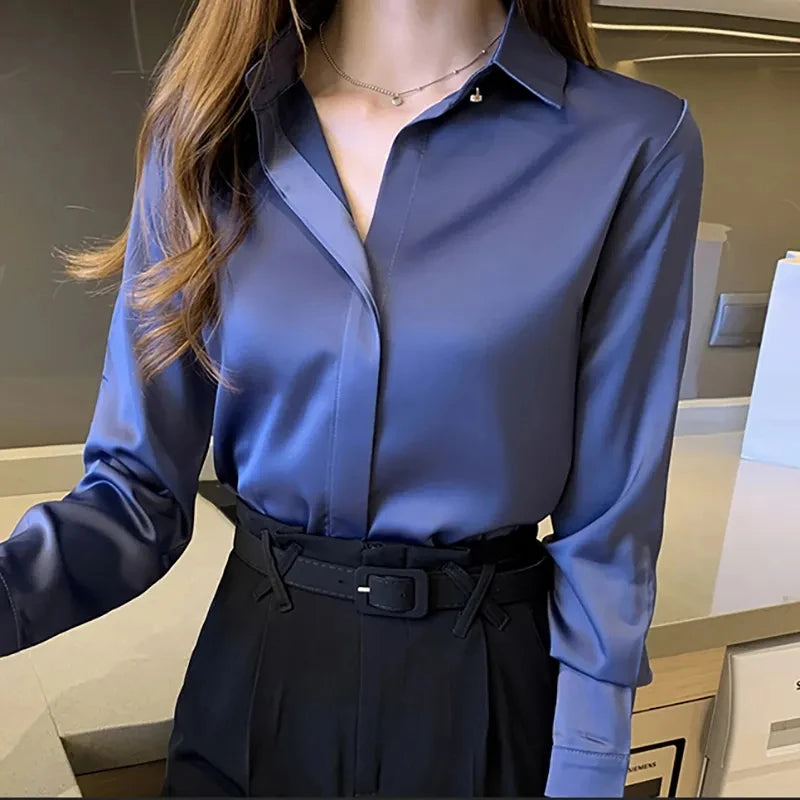 Satin Women Shirt Vintage Long Sleeve Blouse Chic Ruffle Blouse