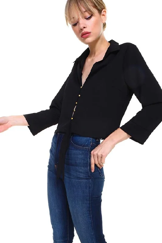 Solid Button Down Tie Front Blouse Elegant Office Blouse