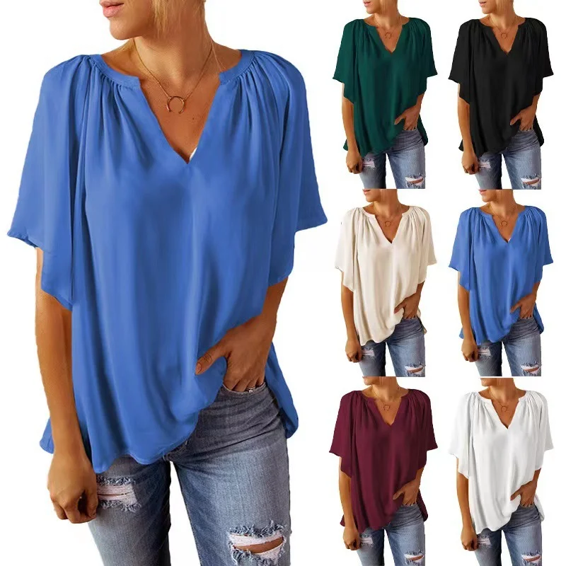 Summer Loose V-Neck Casual Women Solid Color Chiffon Blouse Elegant Office Blouse
