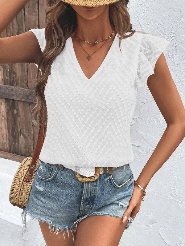 Textured V-Neck Cap Sleeve Blouse Lightweight Chiffon Blouse