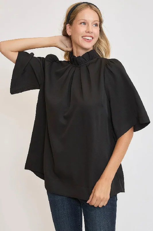 Umgee Bow Tie Back Mock Neck Half Sleeve Blouse - Black Double-Layered Blouse