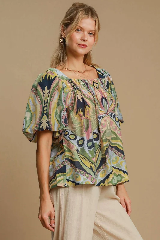 Umgee Full Size Abstract Print Smocked Square Neck Puff Sleeve Blouse - Green Polished Work Blouse