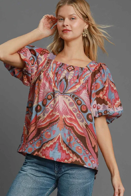 Umgee Full Size Abstract Print Smocked Square Neck Puff Sleeve Blouse Chic Off-Shoulder Blouse