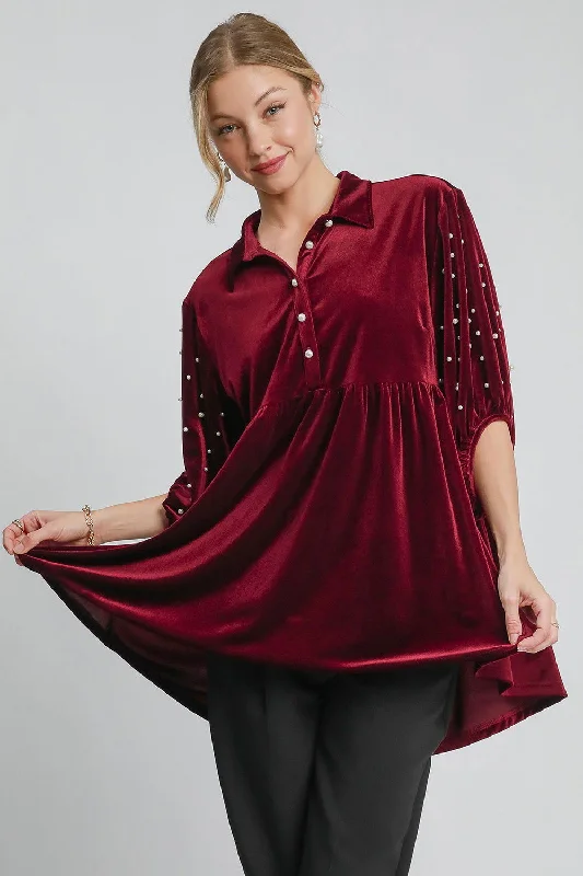 Umgee Pearl Detail Collared Neck Velvet Babydoll Blouse - Burgundy Sweetheart Neck Blouse