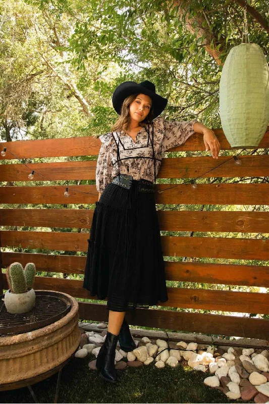 Umgee Ruffled Tie Neck Puff Sleeve Babydoll Blouse - Taupe Casual Stripe Blouse