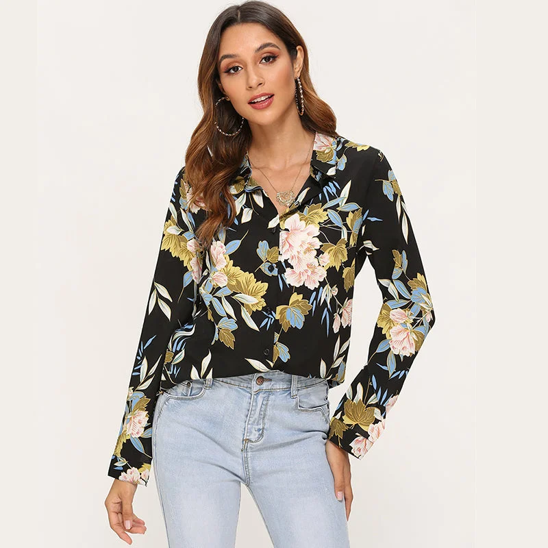 Vintage Floral Printed Blouse Women Long Sleeve Chic Wrap Blouse