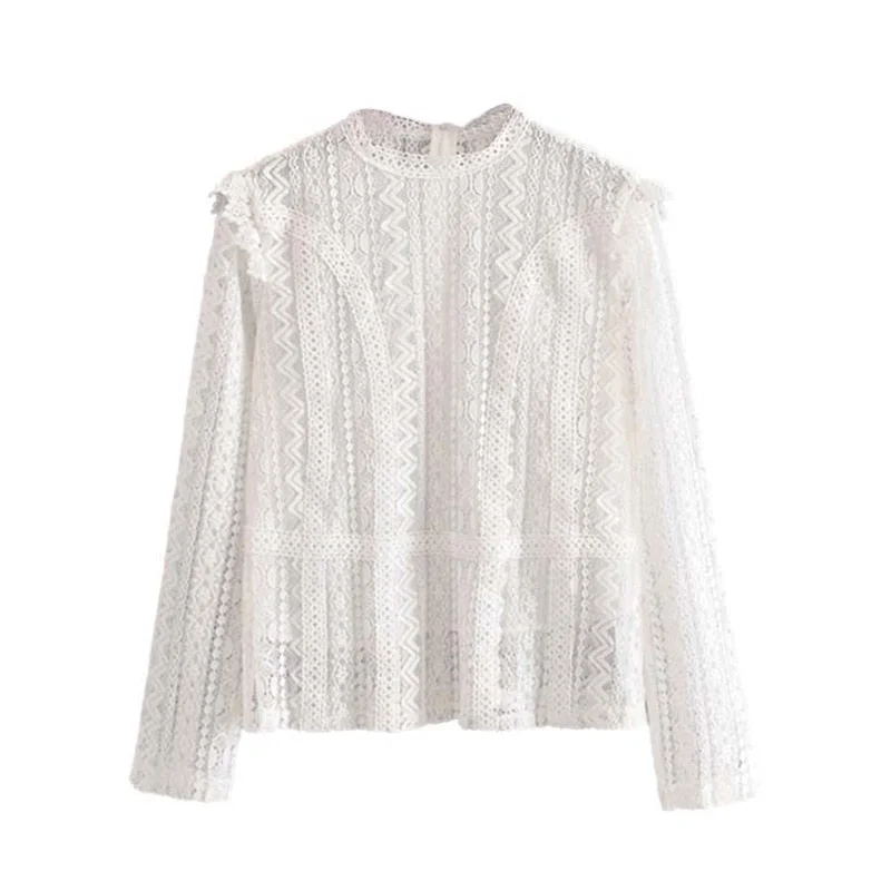White Embroidery Lace Women Blouse Puff Sleeve Blouse