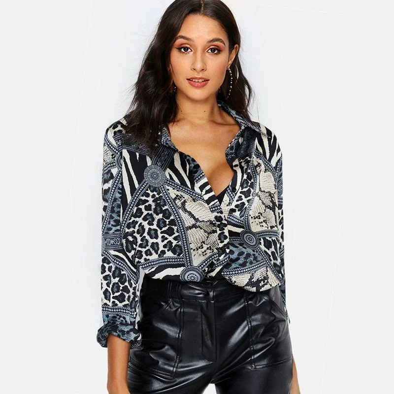 Women Blouses Sexy Leopard Blouse Shirt Long Satin Bow Blouse