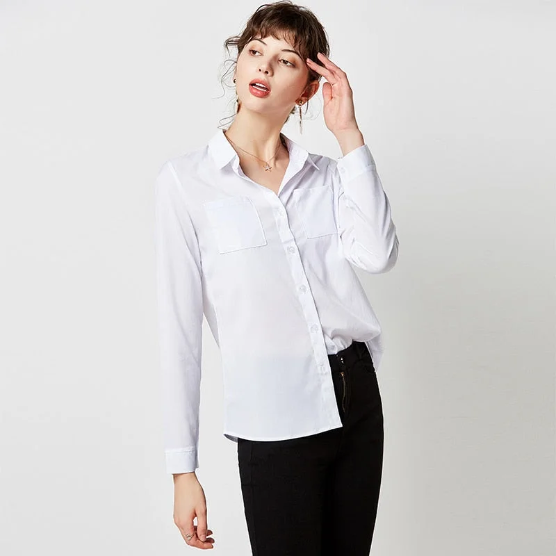 Women Blouses Solid Color Turn Down Collar Office Formal Blouse