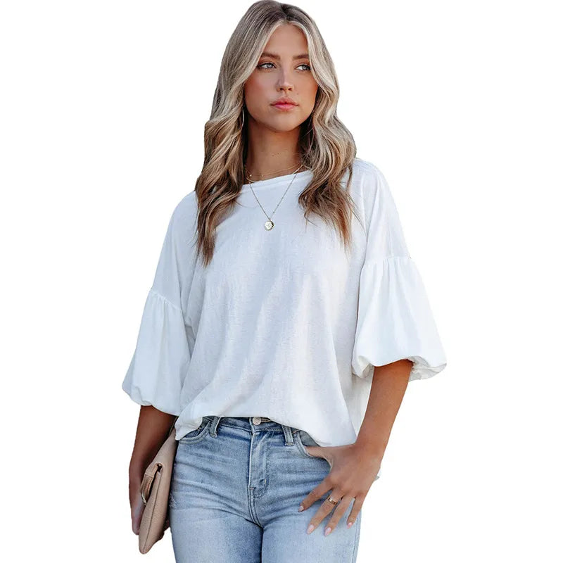 Women Casual Solid Color Pullover Round Neck Puff Sleeve Blouses Mandarin Collar Blouse