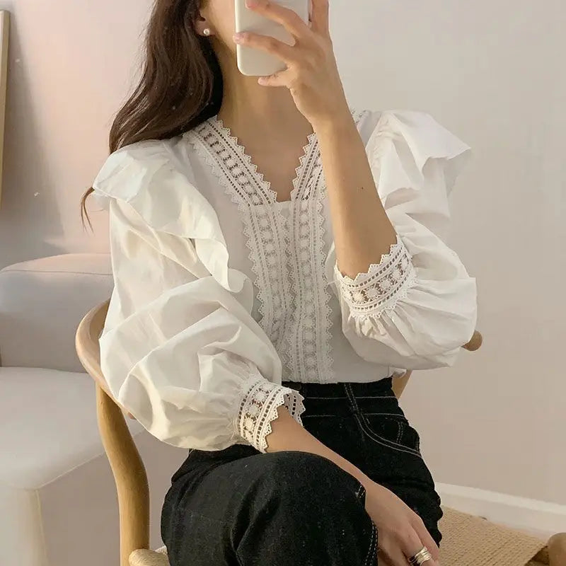 Women's V-Neck Ruffled Puff Sleeve Blouse Embellished Collar Blouse