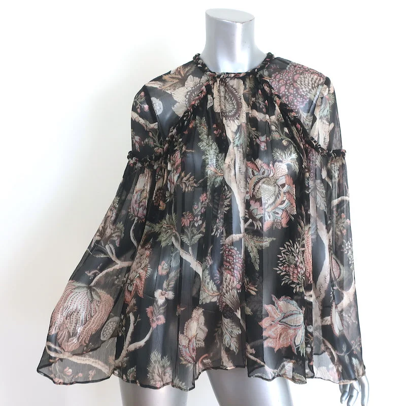 Zimmermann Lavish Braid Top Black Floral Print Chiffon Size 1 Bell Sleeve Blouse Lightweight Chiffon Blouse