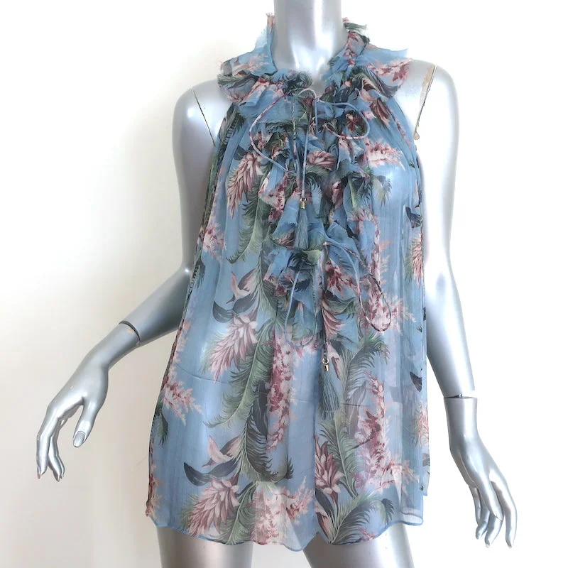 Zimmermann Winsome Ruffle Top Blue Floral Print Silk Size 1 Sleeveless Blouse Chic Ruffle Blouse