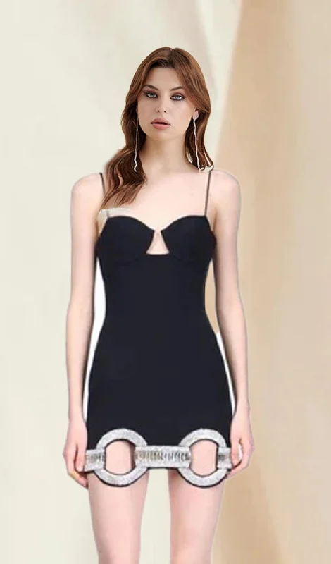 BLACK CRYSTAL BANDAGE MINI DRESS Elegant Mini Dress with Pleats