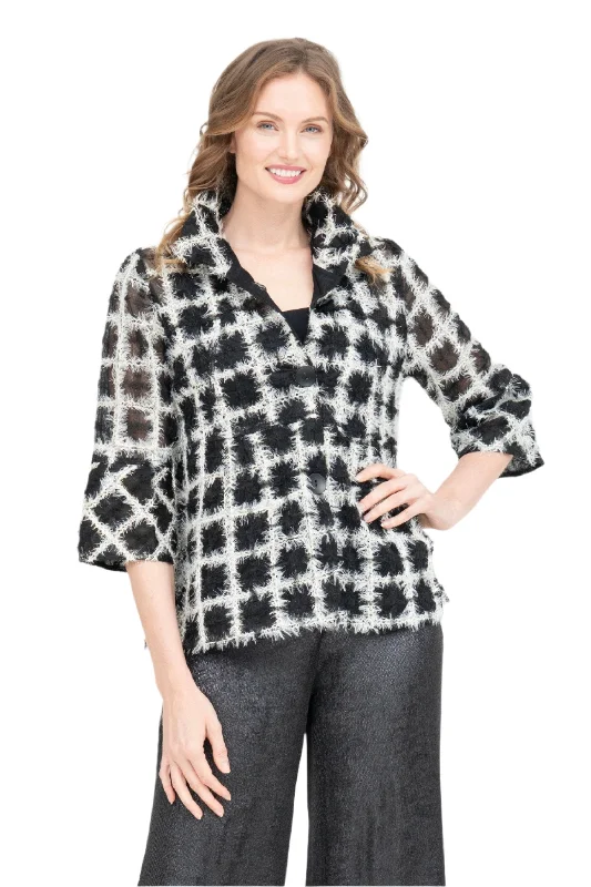 Damee Feathery Windowpane Sheer Jacket - 2410-Black Welt Pockets Slit Pockets Flap Pockets Damee Feathery Windowpane Sheer Jacket - 2410-Black Welt Pockets Slit Pockets Flap Pockets