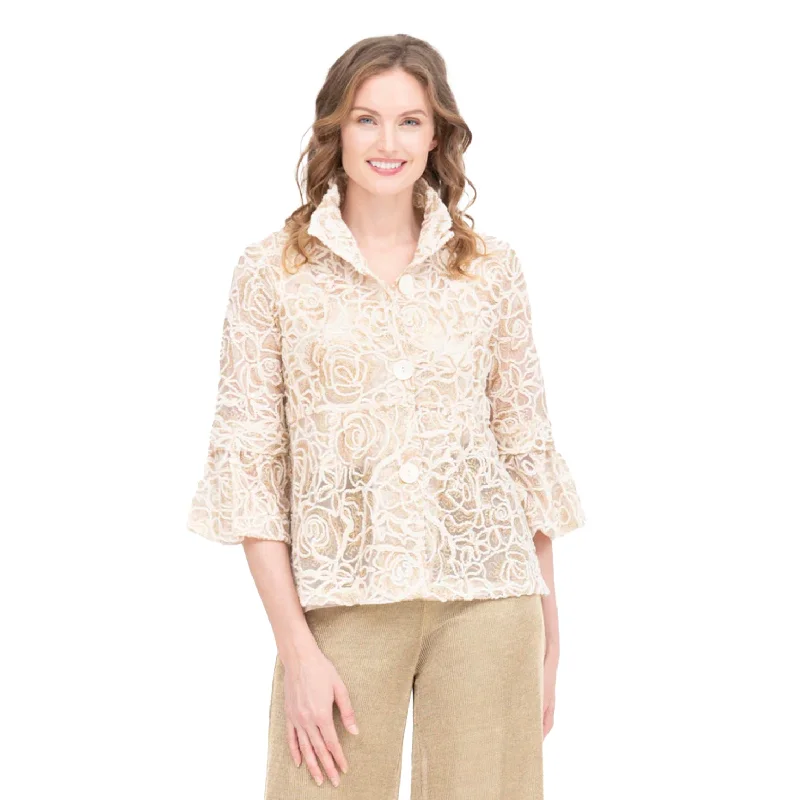 Damee Floral Chenille & Sequin Peplum Jacket in Champagne - 2411-CGD Trench Coat Raincoat Waterproof Jacket