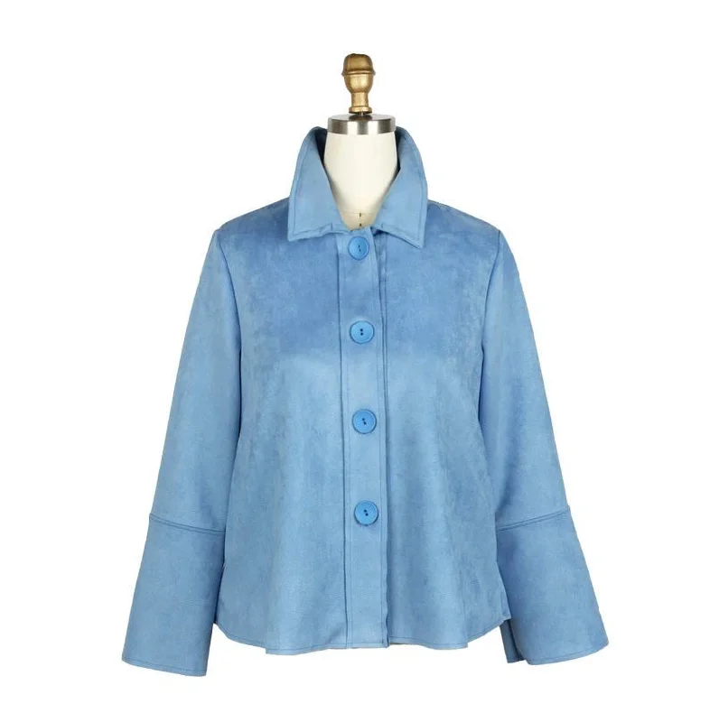 Damee Microsuede Button Front Jacket in Cornflower Blue - 4896-BLU Front Pockets Side Pockets Patch Pockets Damee Microsuede Button Front Jacket in Cornflower Blue - 4896-BLU Front Pockets Side Pockets Patch Pockets