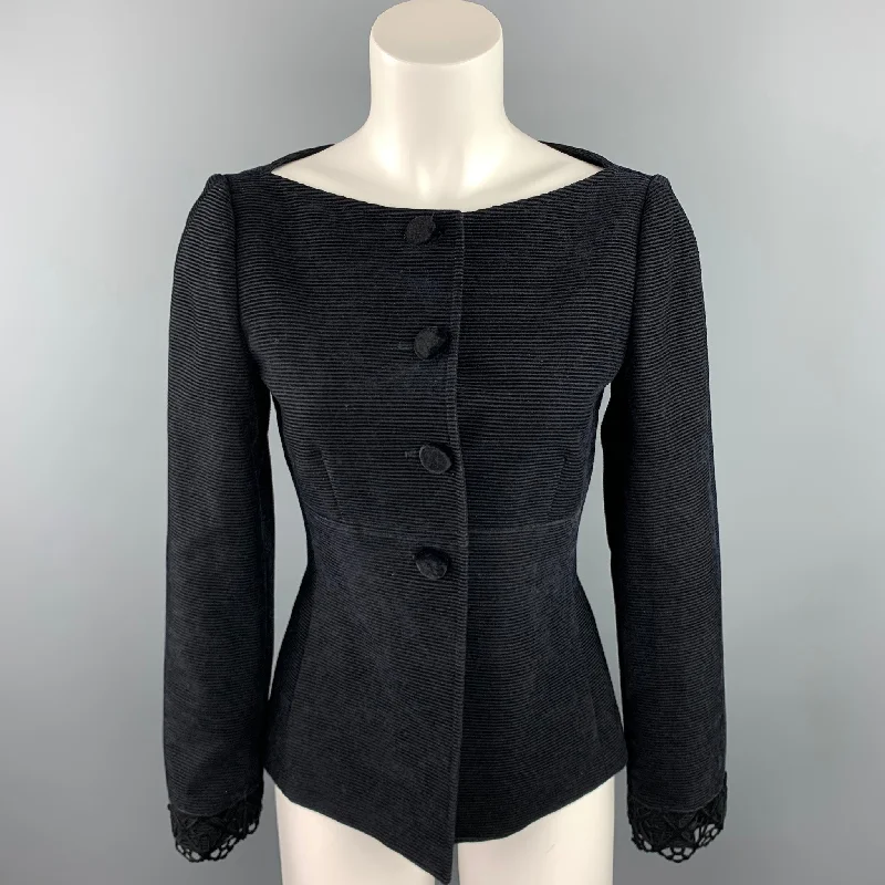 EMPORIO ARMANI Size 6 Black Textured Corduroy Virgin Wool Blend Boat Neck Jacket Faux Fur Jacket Real Fur Jacket Shearling Jacket EMPORIO ARMANI Size 6 Black Textured Corduroy Virgin Wool Blend Boat Neck Jacket Faux Fur Jacket Real Fur Jacket Shearling Jacket