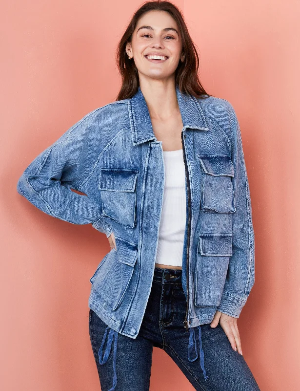 Knit Denim Jacket Zip Front Button Front Snap Front
