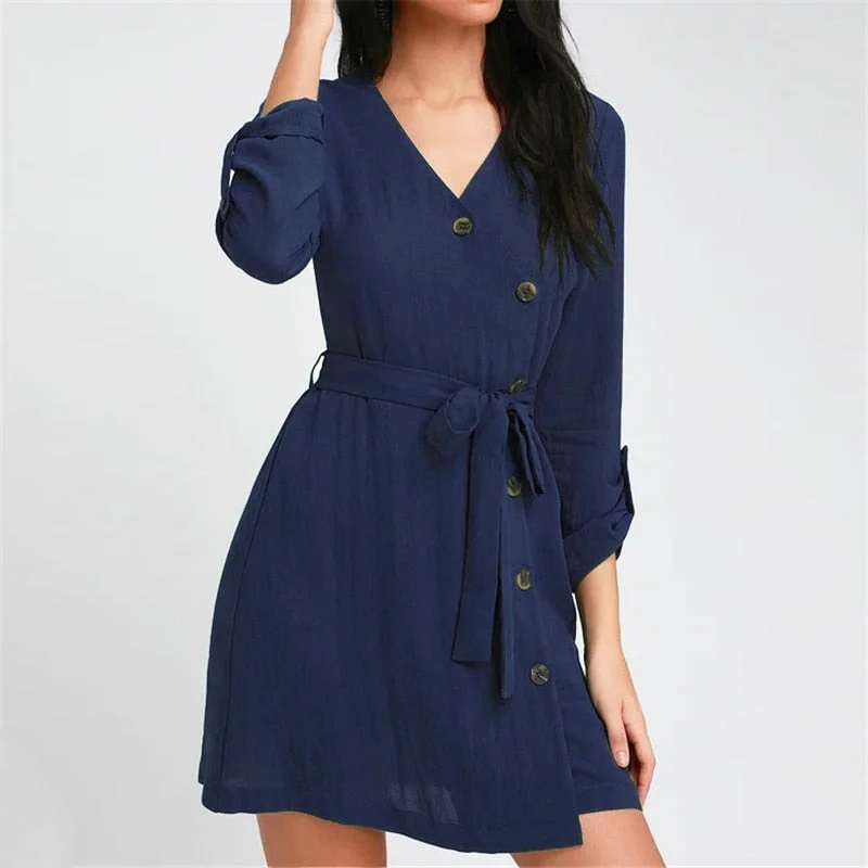 Mini Dress Women V Neck Long Sleeve Cozy A-Line Mini Dress