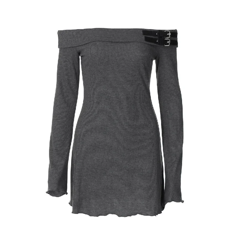 Off shoulder long sleeve buckle mini dress Chic Bohemian Mini Dress