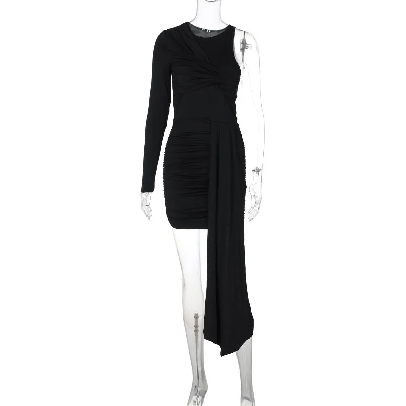 One shoulder long sleeve ruched mini dress Trendy Mesh Mini Dress