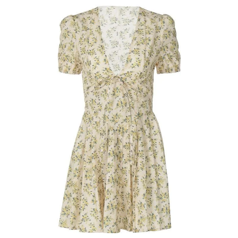 Short puff sleeve pleated zip-up flower print mini dress Fashionable Denim Mini Dress