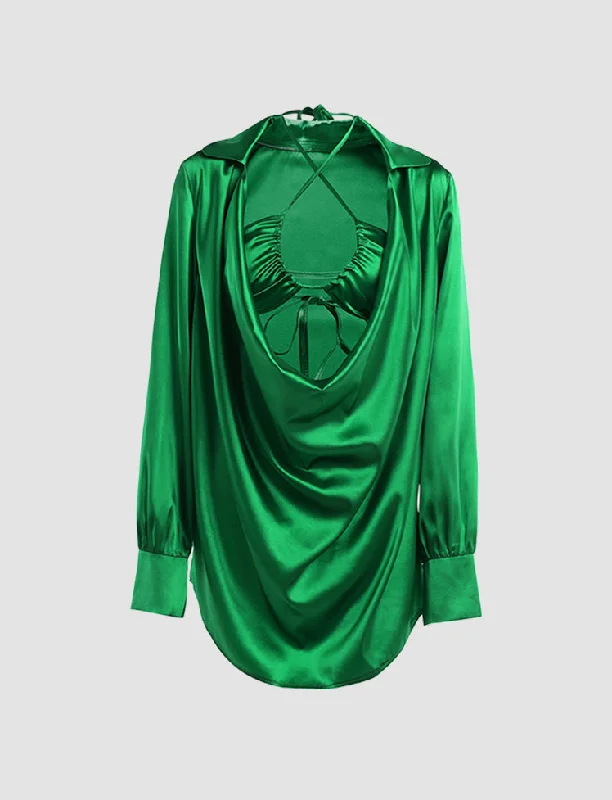 Solid Satin Drawstring Mini Dress&Halter Top Two Piece Set Chic Mini Dress with V-Neck