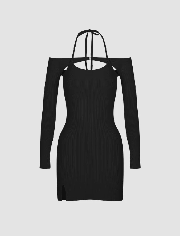 Solid Slit Long Sleeve Halter Mini Dress Stylish Short Sleeve Mini Dress
