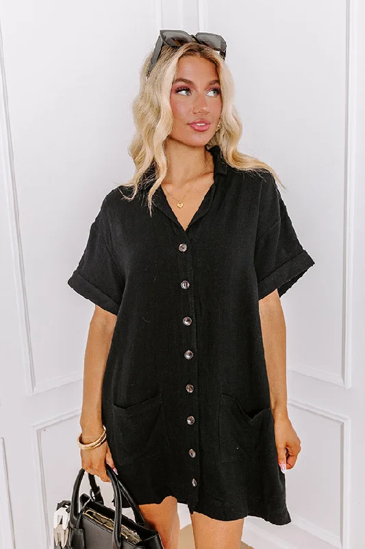 St. Lucia Bound Linen-Blend Mini Dress in Black Elegant Mini Dress with Pleats