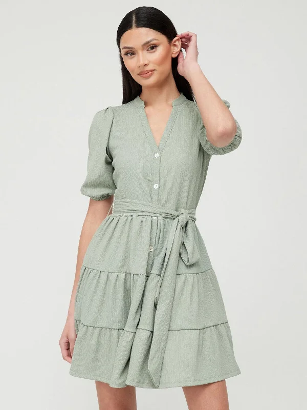 Tiered Button Up Mini Dress - Sage Green. UK 12 **** SW11 Comfortable Shift Mini Dress