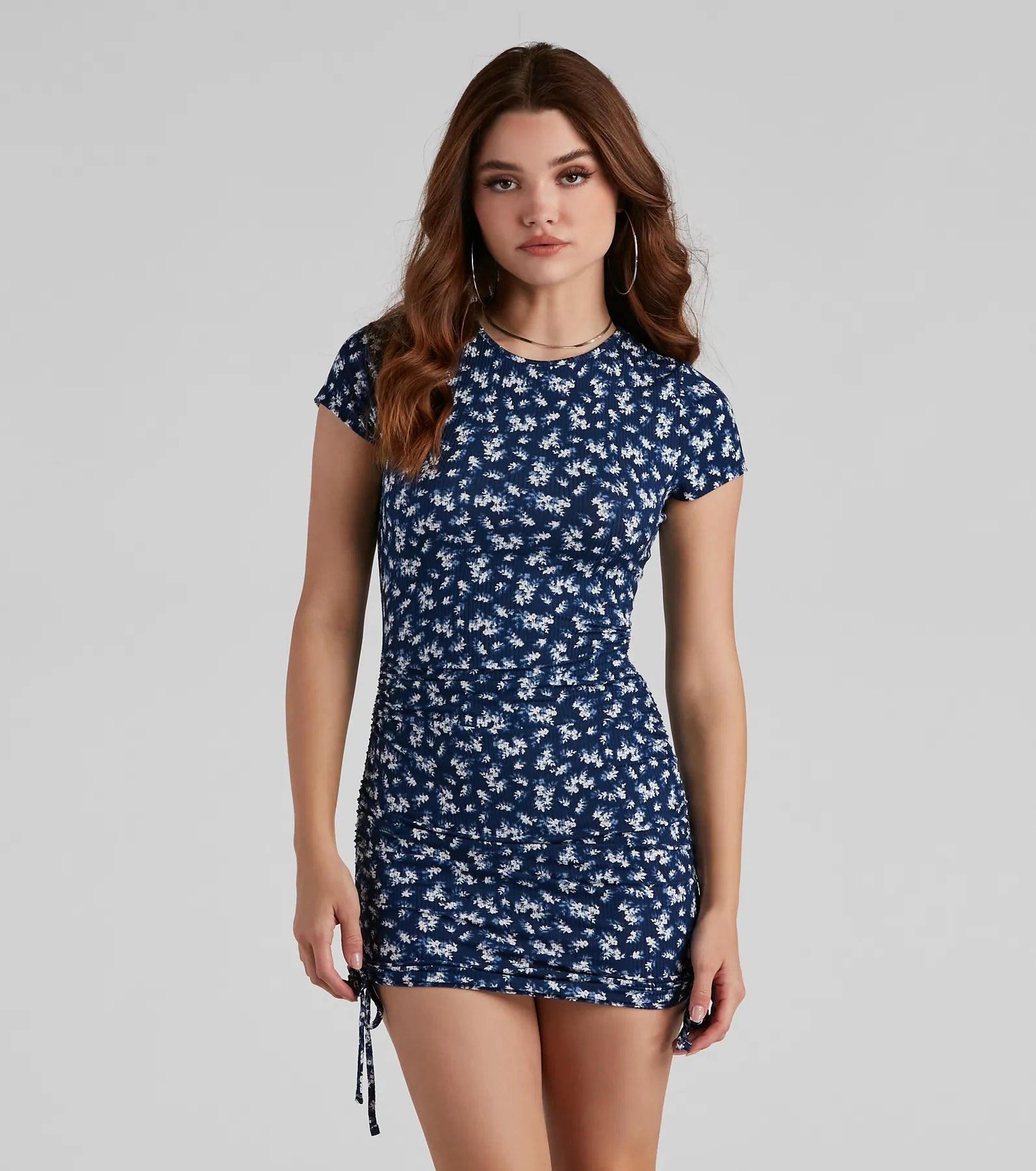 Wildflower Crew Neck Mini Dress Elegant Lace-Up Mini Dress