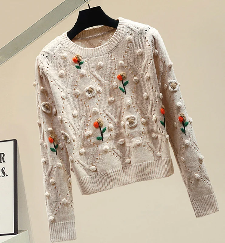 Cute round neck long sleeve sweater  073 Graphic Sweater Embroidered Appliqued