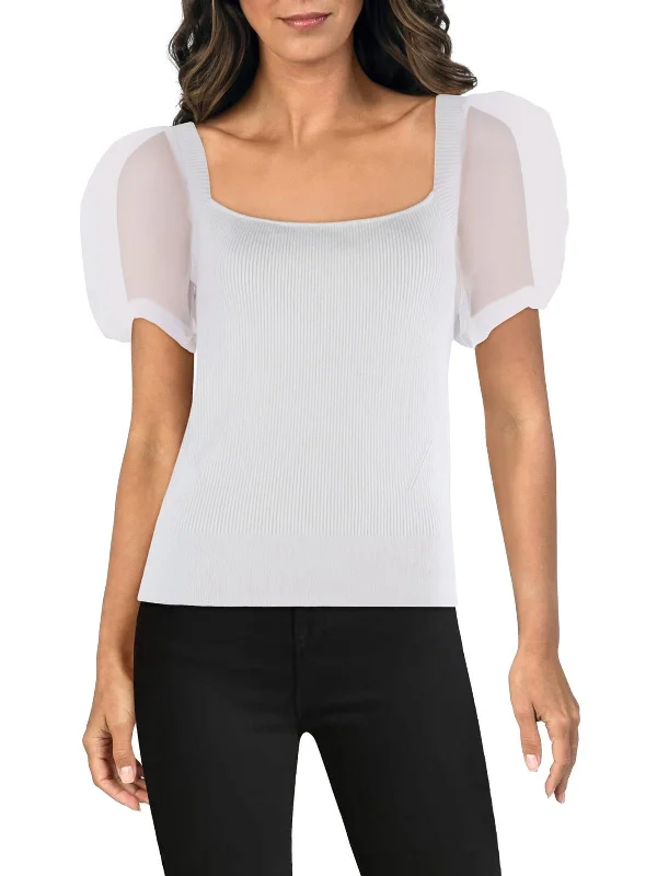 Krista Womens Square Neck Ribbed Crop Sweater Mesh Fabric Canvas Fabric Denim Fabric