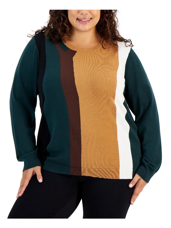 Plus Womens Colorblock Office Wear Pullover Sweater Real Fur Shearling Chenille