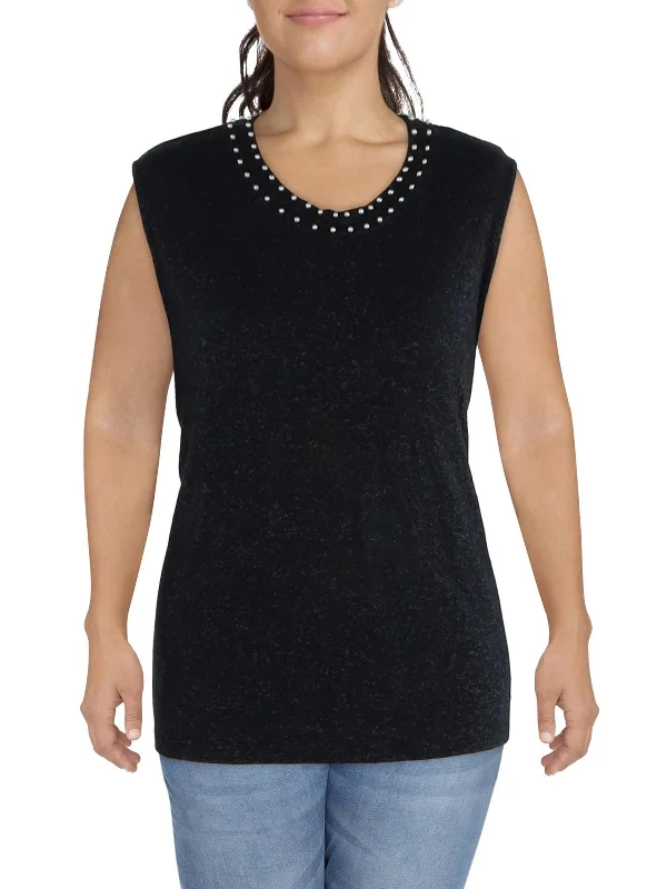 Plus Womens Jewel Neck Beaded Tank Top Sweater Solid Color Striped Floral Print