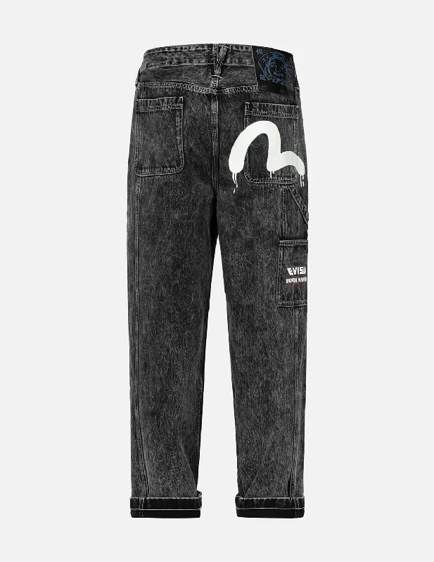 Seagull Print Loose Fit Straight-leg Denim Jeans Stylish Stone-Wash Denim Jeans