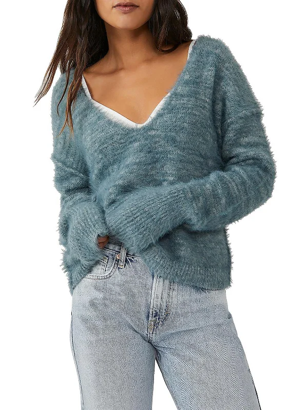 Serendipity Womens Eyelash V-Neck Pullover Sweater Real Fur Shearling Chenille