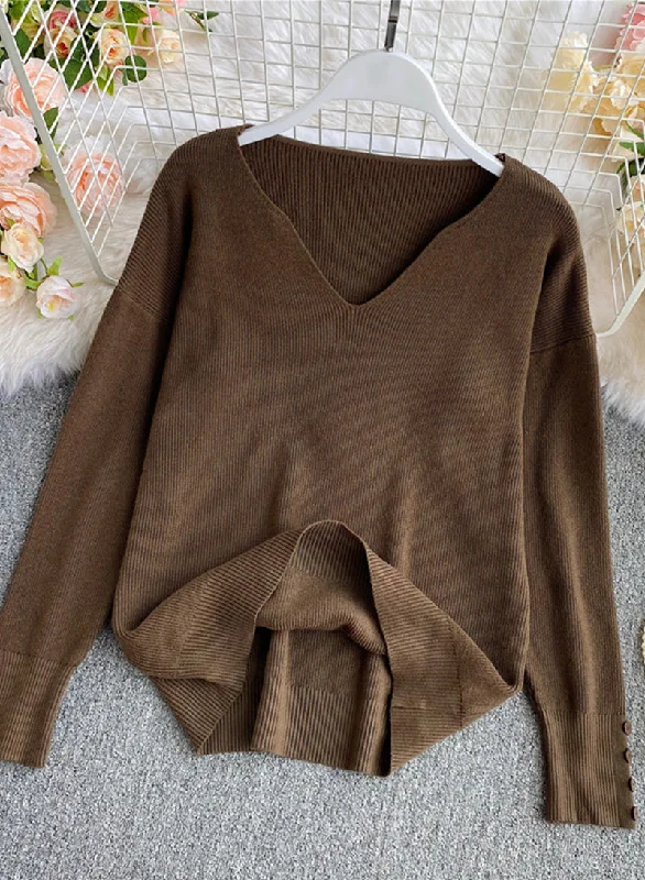 Sweater simple v neck long sleeve sweater  090 Fitted Slim Tailored