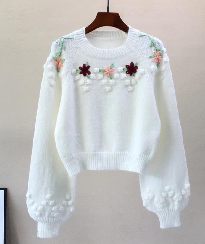 Sweet white flowers long sleeve sweater  081 Wool Sweater Cotton Sweater Cashmere Sweater