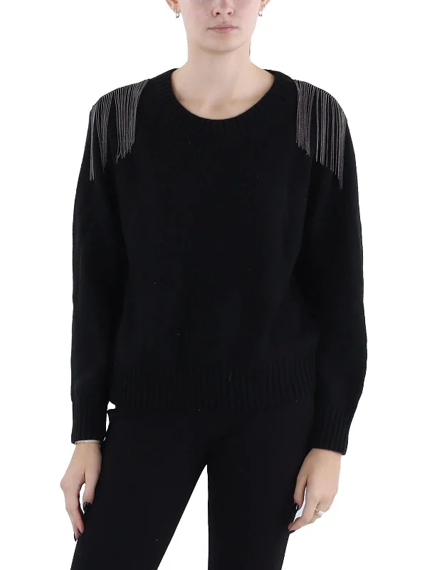 Sympatico Womens Fringe Crewneck Pullover Sweater Fitted Loose Oversized