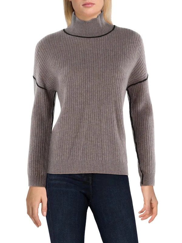 Womens Cashmere Ribbed Pullover Sweater High Neck Crew Neck V-Neck