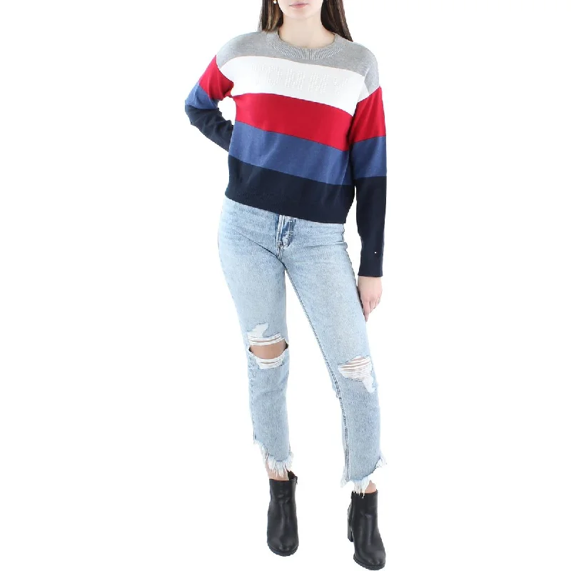 Womens Colorblock Crewneck Pullover Sweater Houndstooth Herringbone Solid