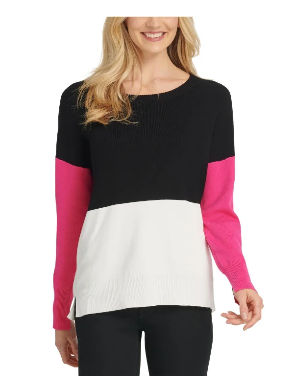 Womens Colorblock Ribbed Trim Crewneck Sweater Hooded Caped Shawl Collar