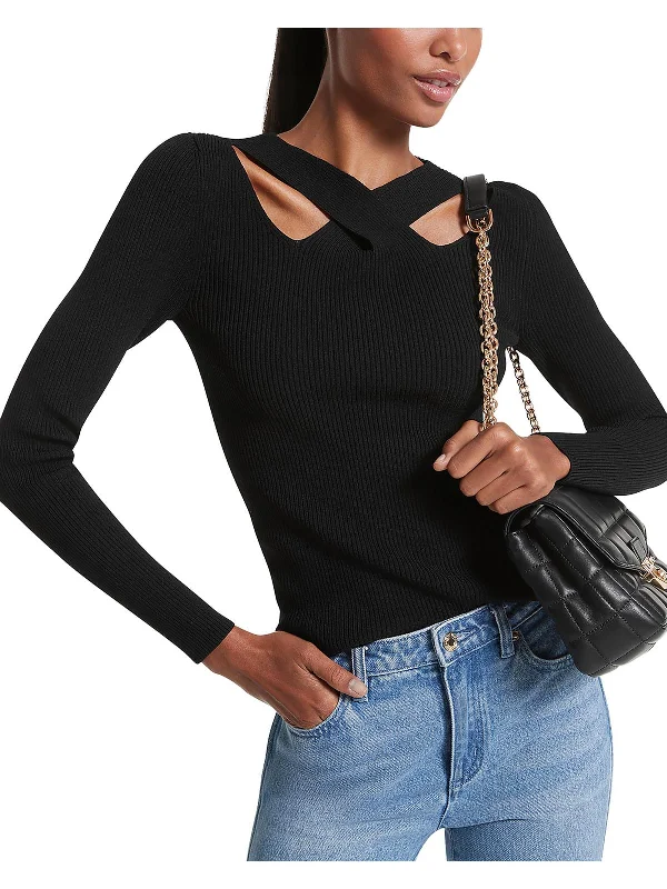 Womens Cutout Zipper Pullover Sweater Solid Print Embellished
