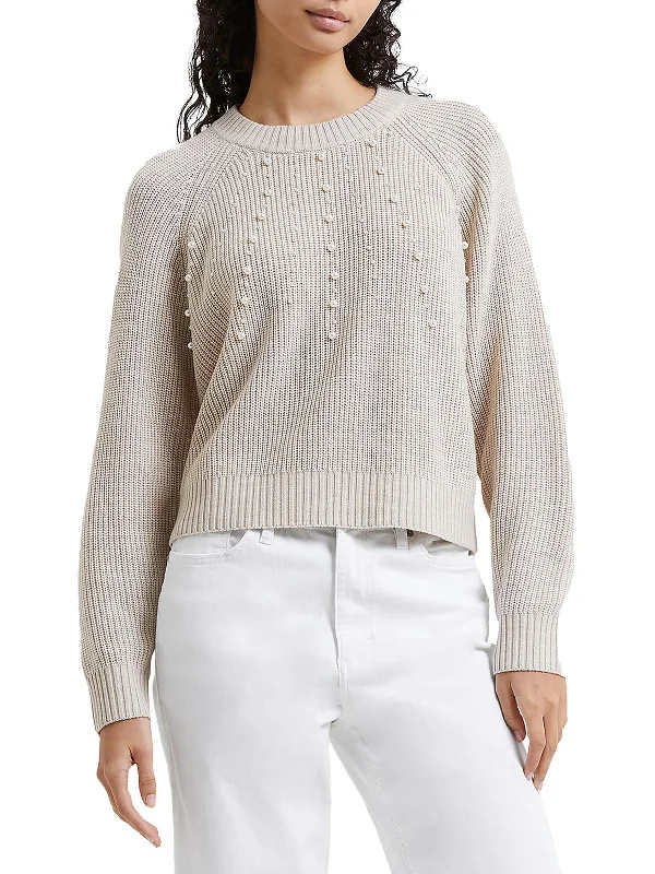 Womens Embellished Crewneck Pullover Sweater Solid Print Embellished