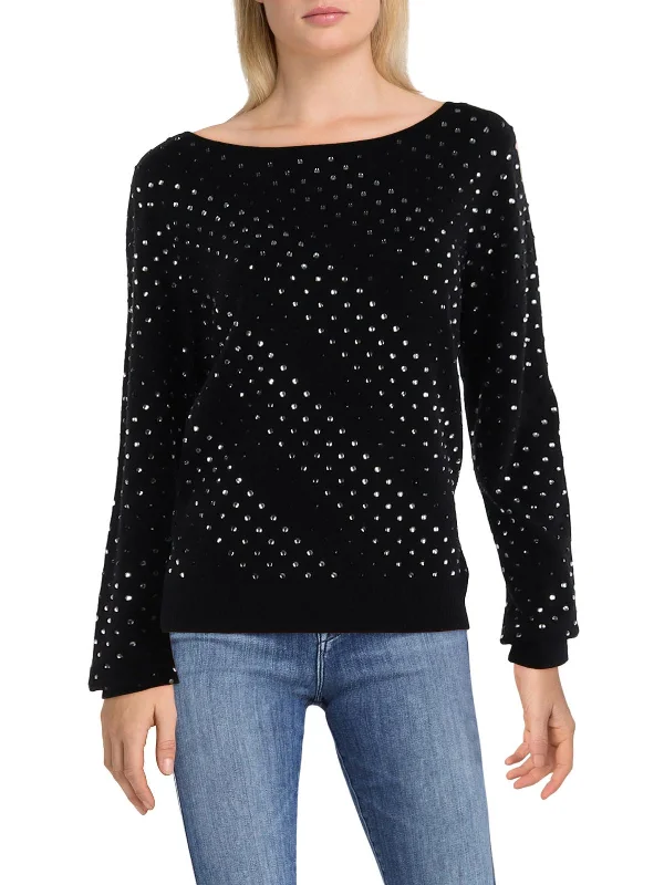 Womens Embellished Round Neck Pullover Sweater Terry Terry Cloth Terry Knit