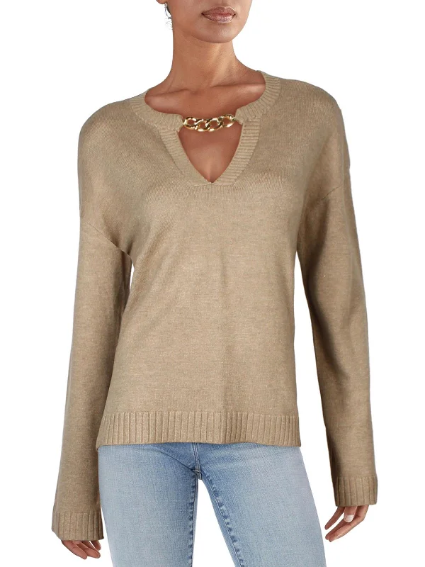 Womens Keyhole Neck Chain Pullover Sweater Chenille Brocade Lace