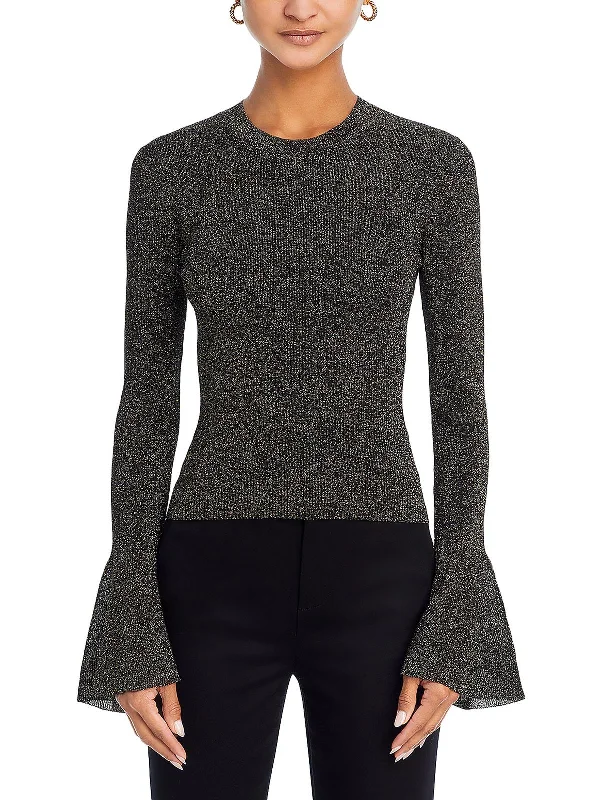 Womens Metallic Pullover Crewneck Sweater Satin Blend Silk Blend Wool Blend
